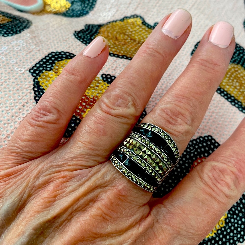 Sterling silver black onyx & pyrite ring